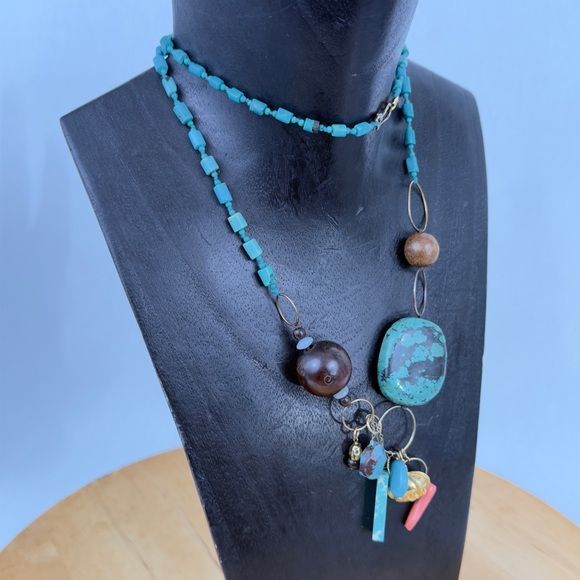 CHAN LUU Multi-beaded Turquoise Long Necklace w Crown Charm & Sterling 925 Clasp - Picture 4 of 16